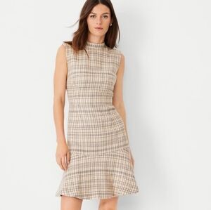 Ann Taylor Tweed Mock Neck Flounce Dress Toasted Oat